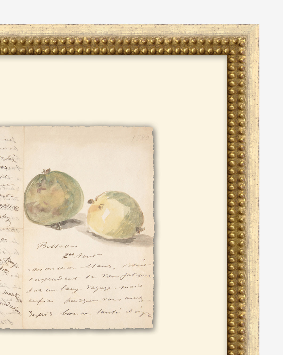 Family Recipe is a framed giclée wall decor featuring a vintage botanical watercolor of two green apples on handwritten manuscript, bordered by an ornate gold beaded frame, by McGee & Co.