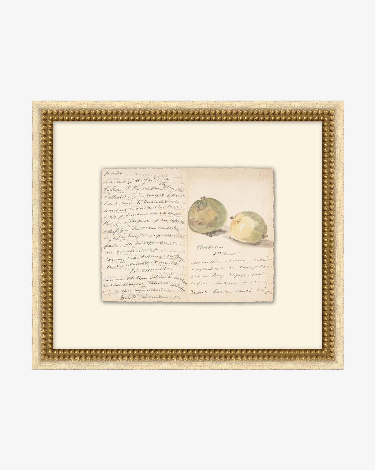 Family Recipe is a framed giclée wall decor featuring a handwritten letter and watercolor art of two greenish-yellow fruits on cream matte with a gold frame, by McGee & Co.