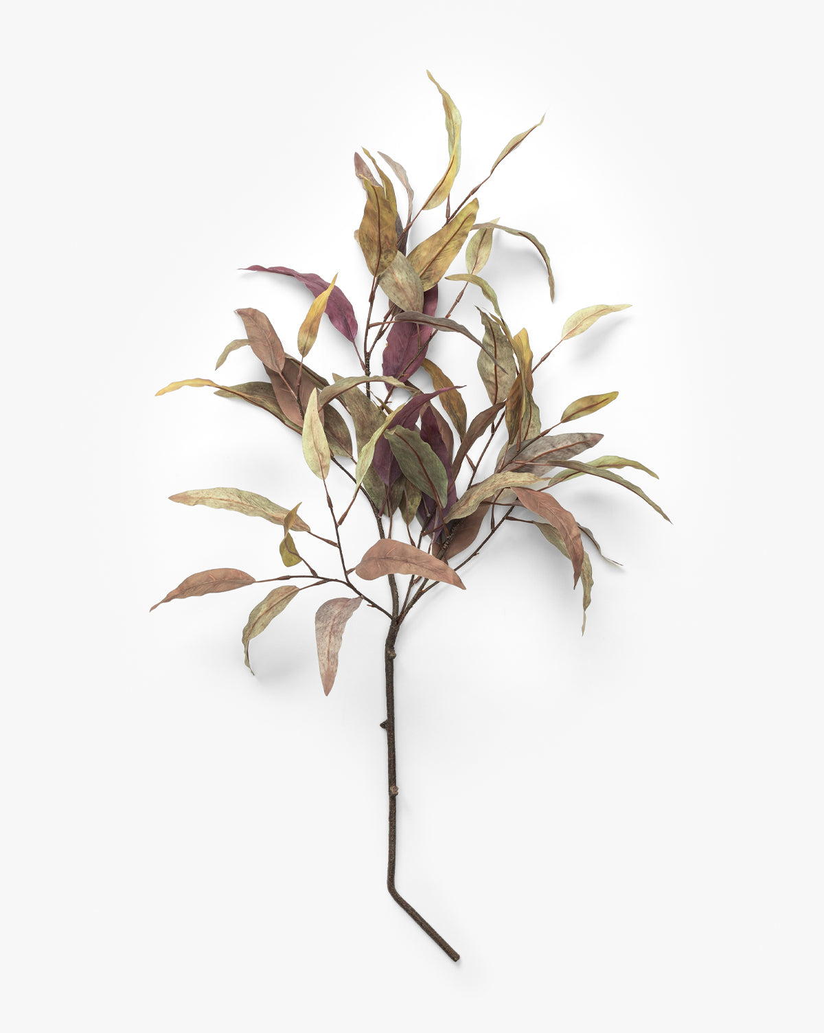 The Faux Purple Eucalyptus Stem features a single branch with slender leaves in green, yellow, and brown, offering lifelike texture and color—perfect for adding beauty to seasonal centerpieces, by McGee & Co.