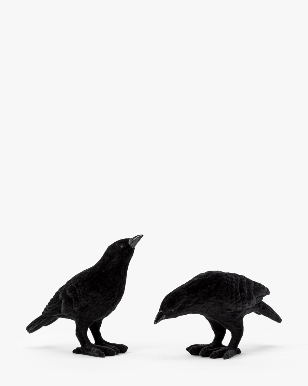 The Flocked Resin Crow Statues (Set of 2) feature one upright, beak-open crow and one bending forward as if pecking—striking Halloween decor displayed on a white surface, by McGee & Co.