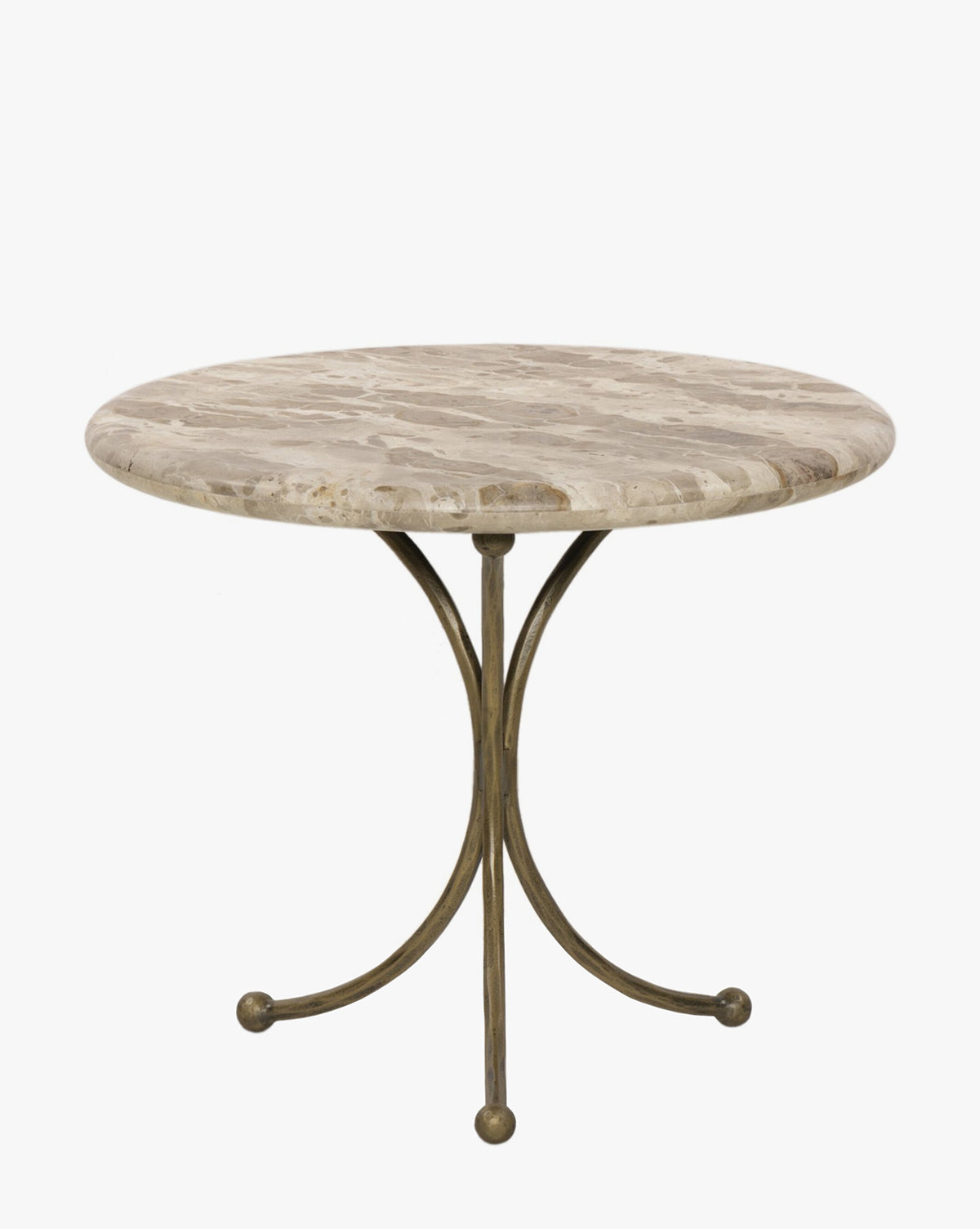 The Fossil Marble End Table showcases a light marble top and a hammered aged brass base with three curved legs and small round feet, creating a sculptural accent piece perfect for any space, by McGee & Co.