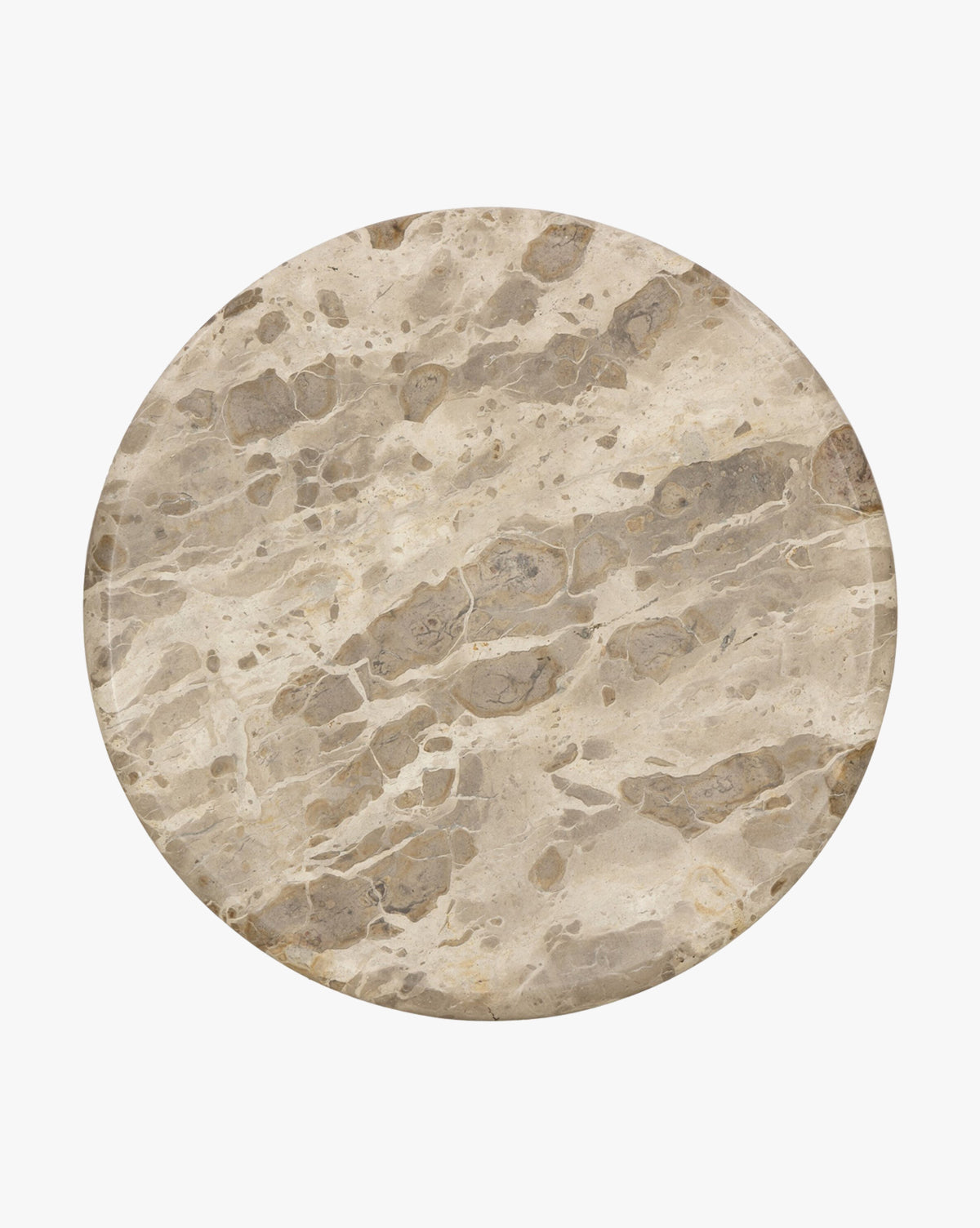The Fossil Marble End Table features a round slab of beige and light brown marble with unique veining, shown from above on a white background—a sculptural accent perfect for modern spaces, by McGee & Co.