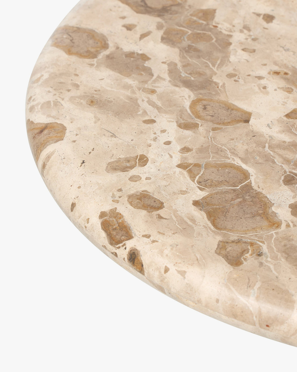 Close-up of the Fossil Marble End Tables polished, round tabletop featuring beige and brown patterns with natural veins and stone textures, displayed on a white background by McGee & Co.