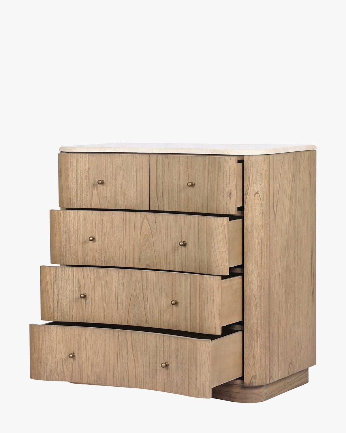 The Gatlin Chest, made from solid mindi wood, features four spacious drawers with round knobs. Its distinctive wavy, curved front is highlighted by three partially open drawers, showcasing the dressers unique design by McGee & Co.