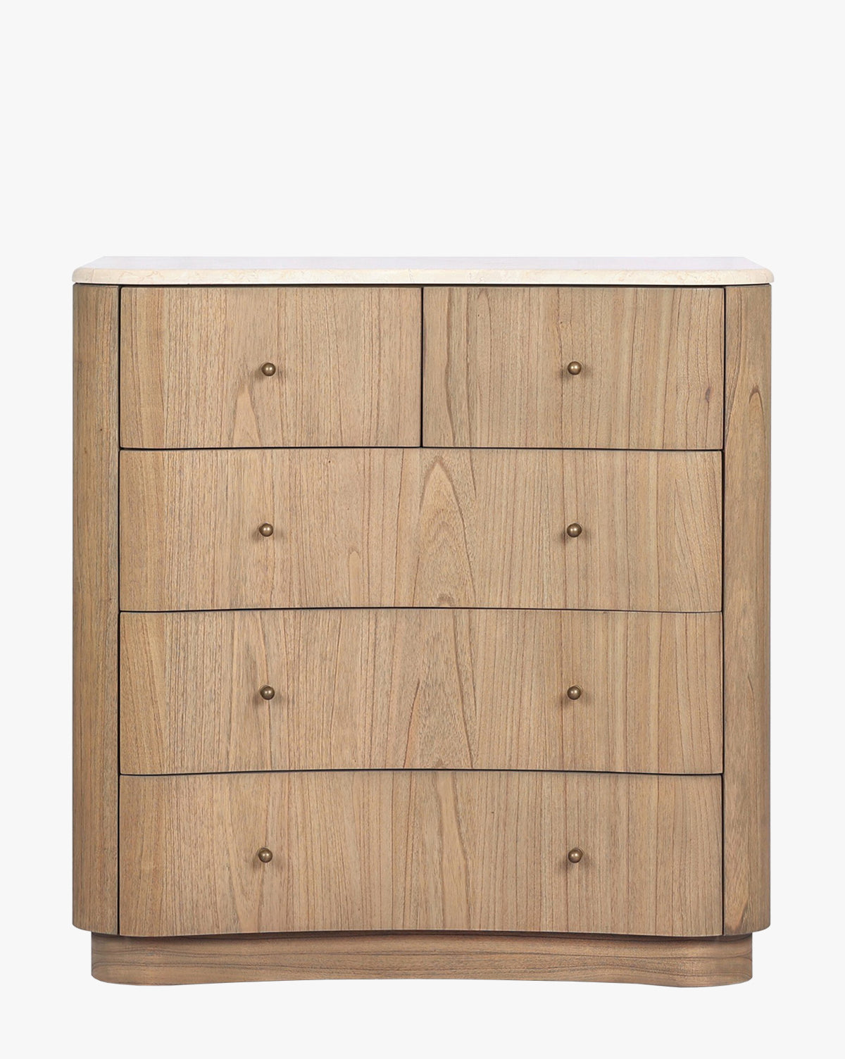 The Gatlin Chest offers spacious drawers, a solid mindi wood build, curved front, small round brass knobs, and a smooth white marble top, by McGee & Co.
