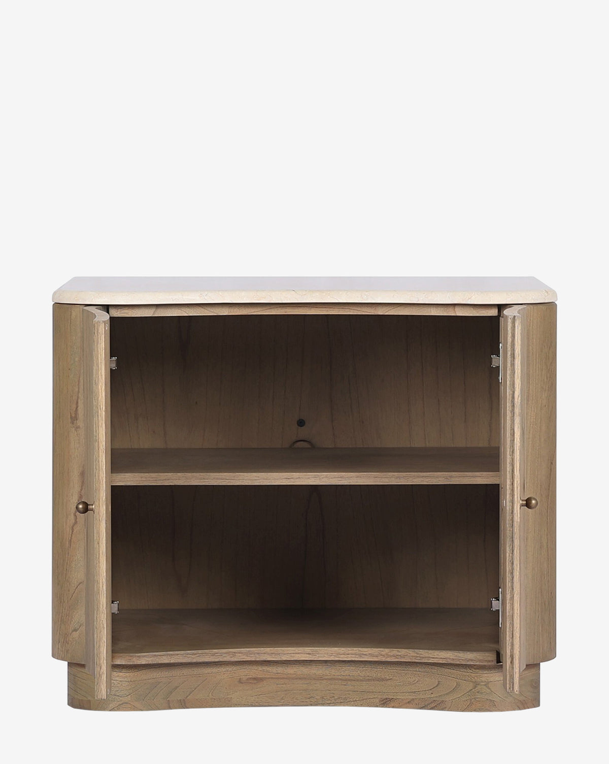 The Gatlin Nightstand features a natural finish in solid mindi wood. With two open doors, it reveals an interior shelf and spacious bedside storage by McGee & Co.