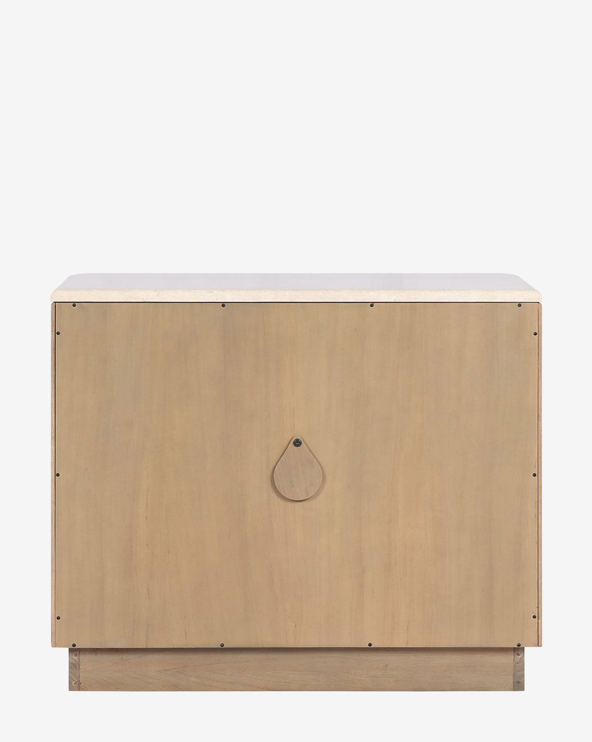 The Gatlin Nightstand is a light wood storage chest made from solid mindi wood, featuring a simple rectangular design, central teardrop-shaped handle, smooth finish, and visible panel edges—ideal for bedside storage by McGee & Co.
