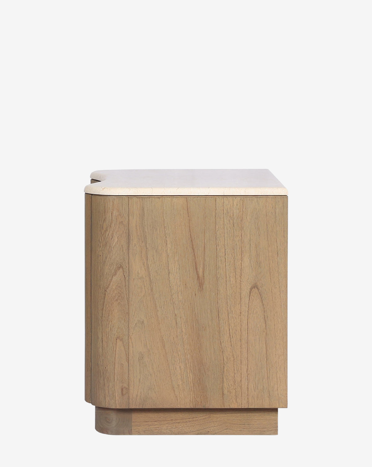The Gatlin Nightstand, crafted from solid mindi wood with a light natural finish, features smooth surfaces, rounded front edges, and a minimalist block design—ideal for bedside storage, by McGee & Co. Shown from the side against a plain white background.