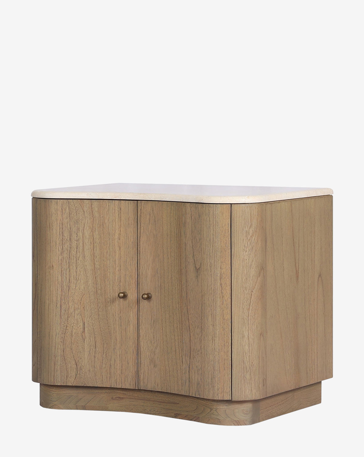 The Gatlin Nightstand features a solid mindi wood build with a light natural finish, two front doors with round knobs, and curved sides, offering modern, minimal bedside storage on its smooth rectangular top by McGee & Co.