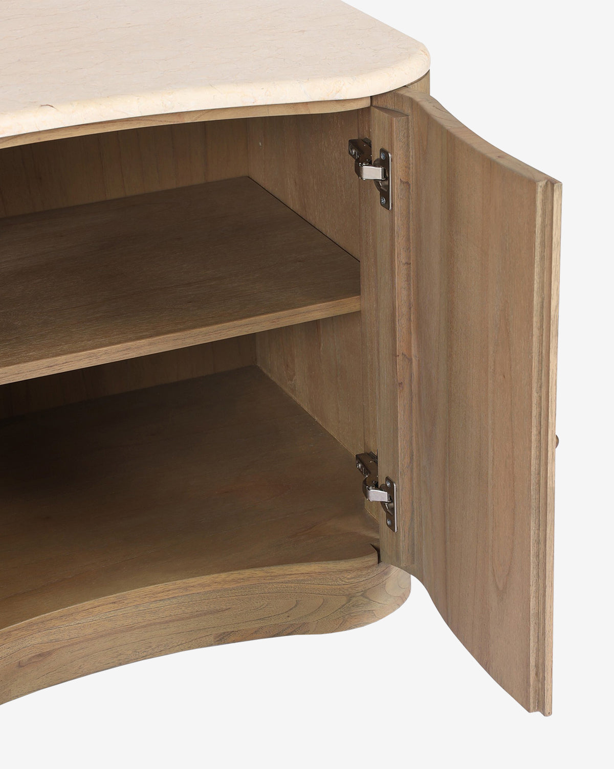 The Gatlin Nightstand features a beige curved top, right-side hinged door, and two interior shelves for stylish bedside storage. Expertly crafted from solid mindi wood, by McGee & Co.