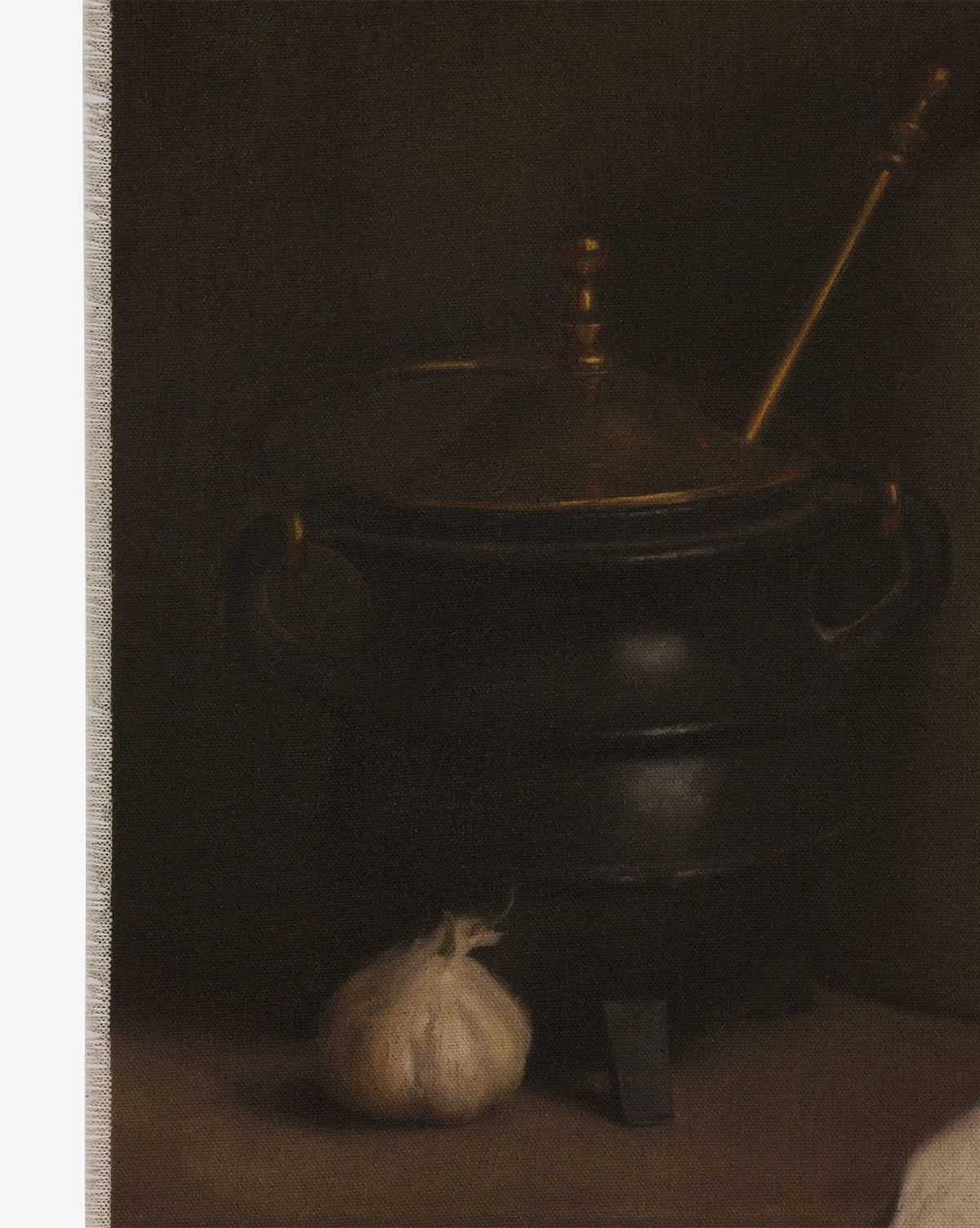 Iron and Brass by Bethany Joseph is a layered oil still life of a black pot with brass lid and ladle beside a garlic bulb, all set in a Brimfield black frame for a classic, moody look, by McGee & Co.