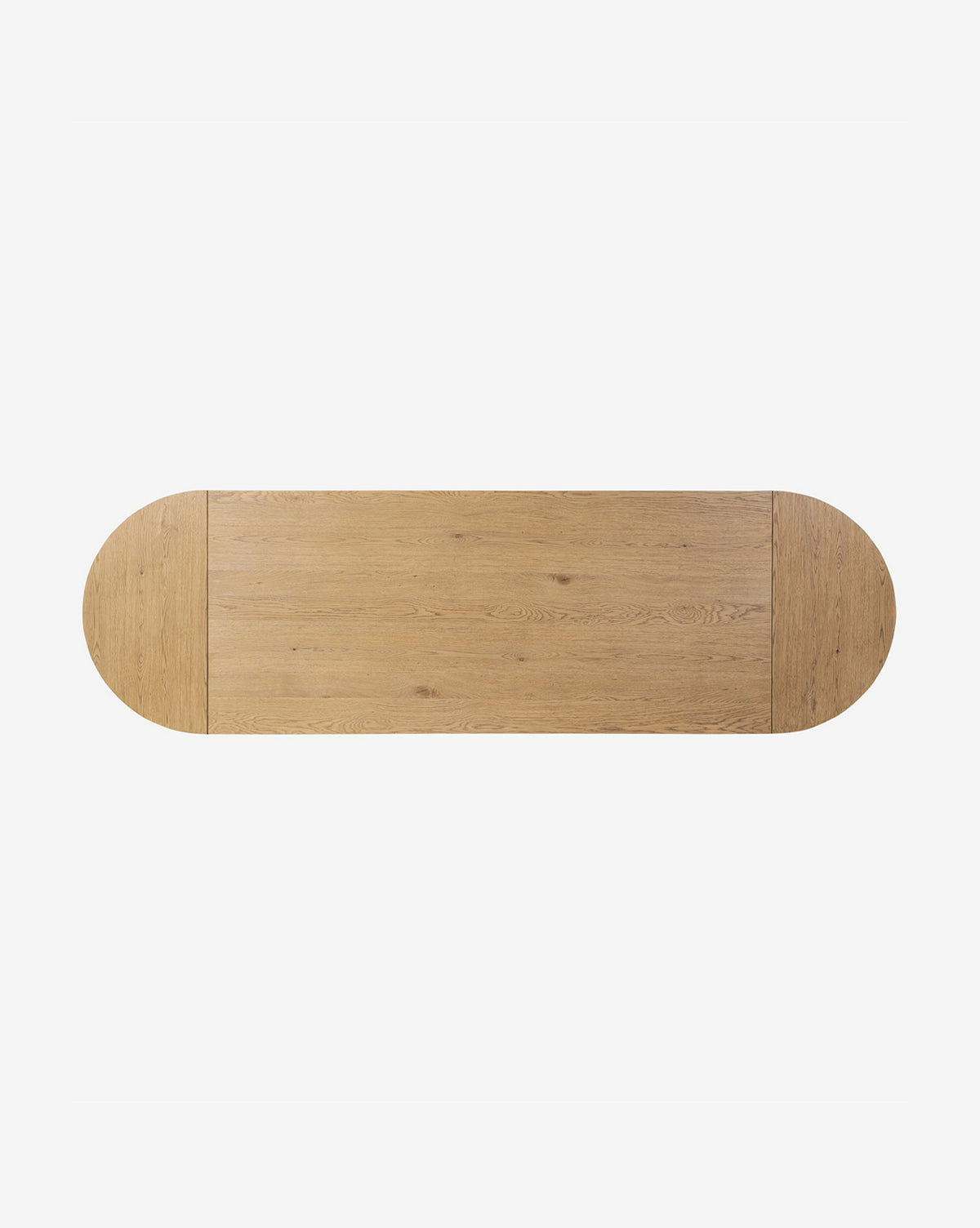 The Kyler Oak Extension Dining Table, shown from above against a white background, features a rectangular shape with rounded ends, a light brown finish, and visible grain for a Scandinavian modern look by McGee & Co.