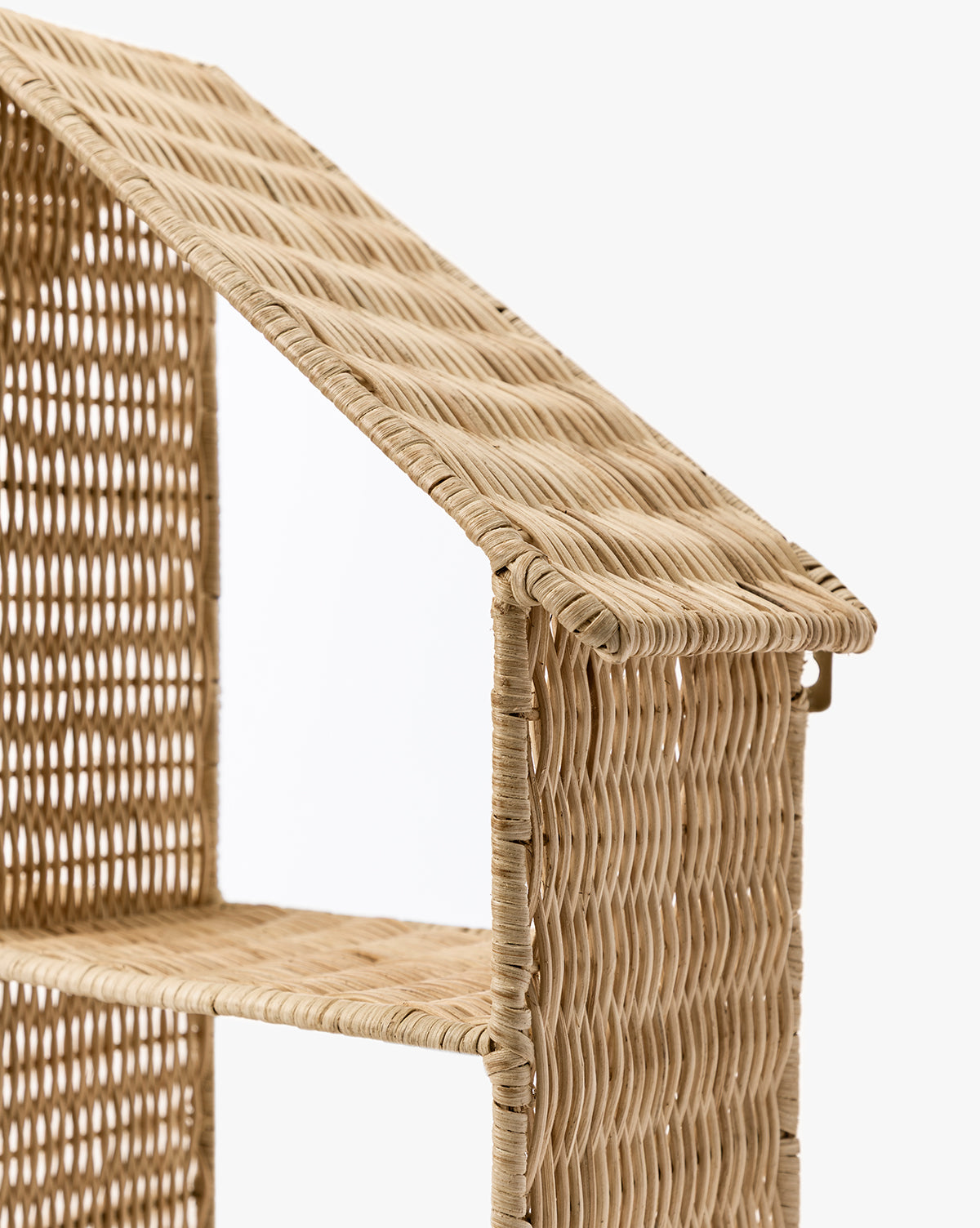 Side view of the Maison Shelf, a house-shaped shelf featuring a pitched roof and open shelves in a natural finish, displayed against a plain white background, by McGee & Co.