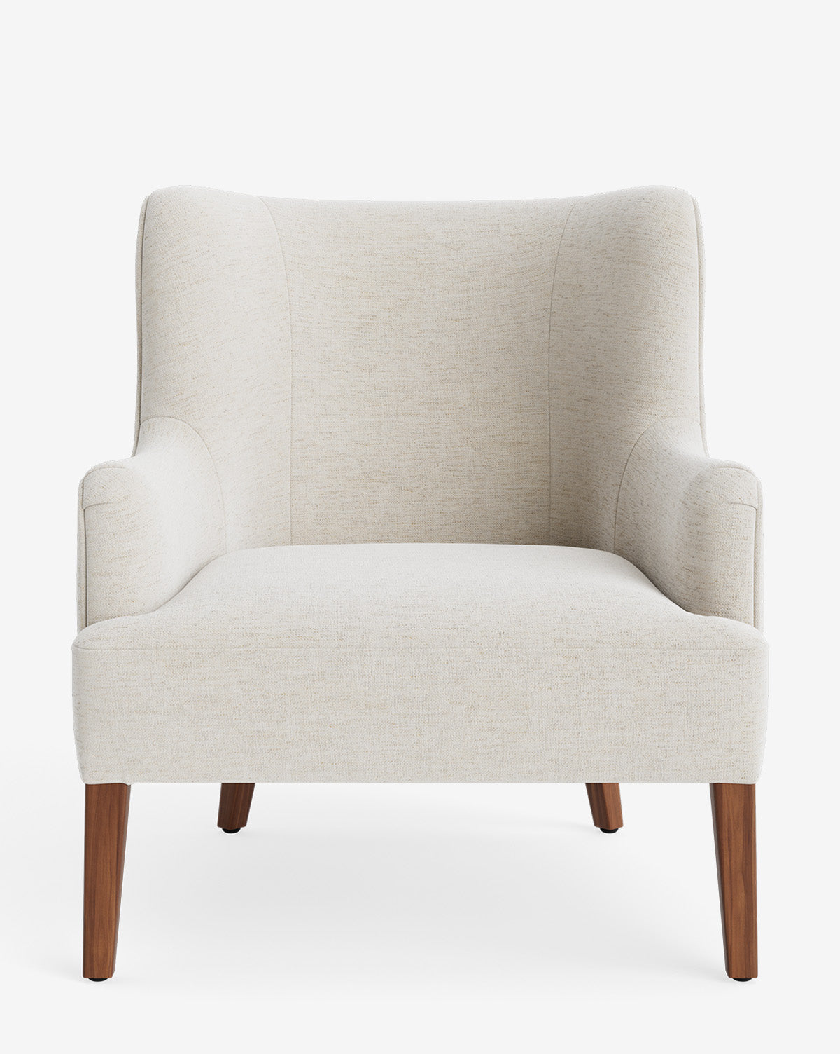 The Marion Lounge Chair offers custom light beige performance upholstery, curved arms, a winged backrest, and four tapered wooden legs, by McGee & Co. Its minimalist, contemporary design complements any modern space.
