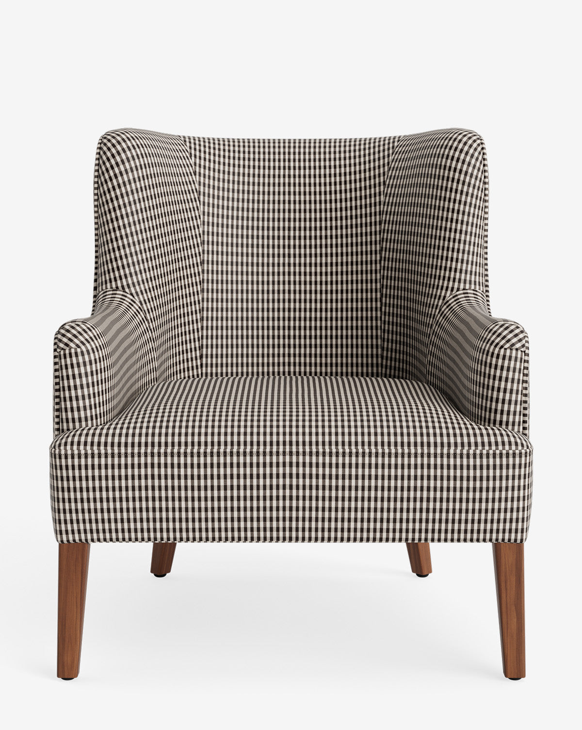 Front view of the Marion Lounge Chair featuring black and white checkered custom upholstery, a wide seat, slightly flared arms, and wooden legs, set against a white background by McGee & Co.