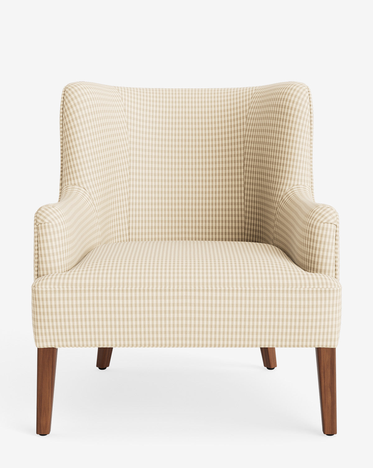 The Marion Lounge Chair showcases its beige and white checkered upholstery and wooden legs, presented from the front on a plain white background, by McGee & Co.