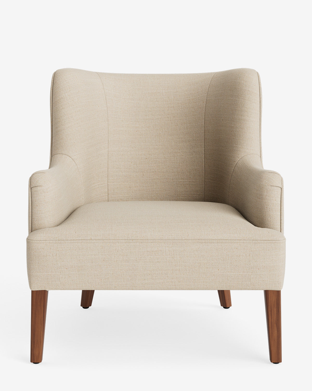 The Marion Lounge Chair offers custom beige performance upholstery, a high back, curved armrests, and wooden legs, styled against a white background by McGee & Co.