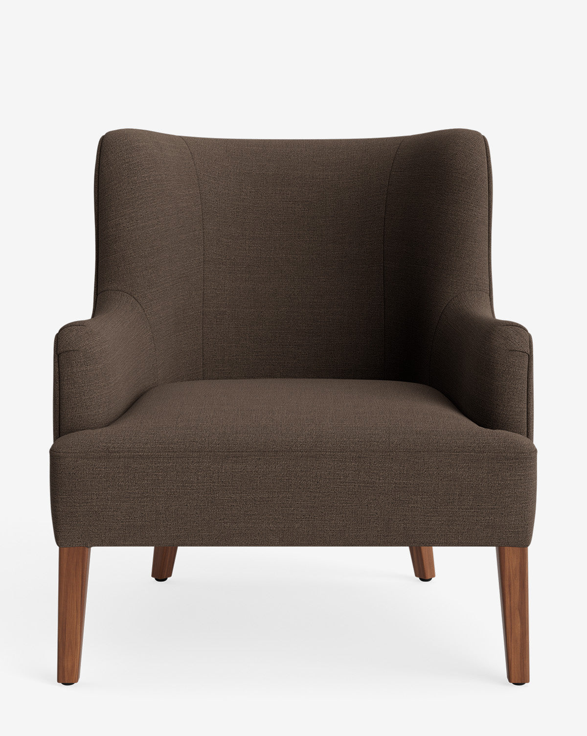 The Marion Lounge Chair is a modern, wide brown armchair with curved armrests, wooden legs, and textured performance fabric upholstery, shown from the front against a plain white background by McGee & Co.