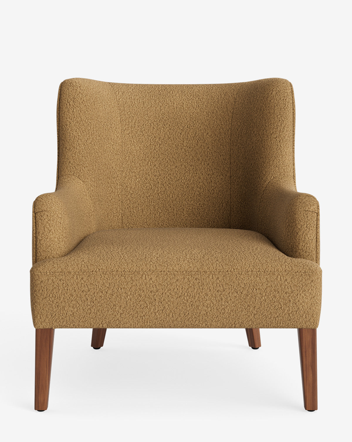 The Marion Lounge Chair features curved armrests, four angled wooden legs, and textured light brown performance fabric upholstery, by McGee & Co.
