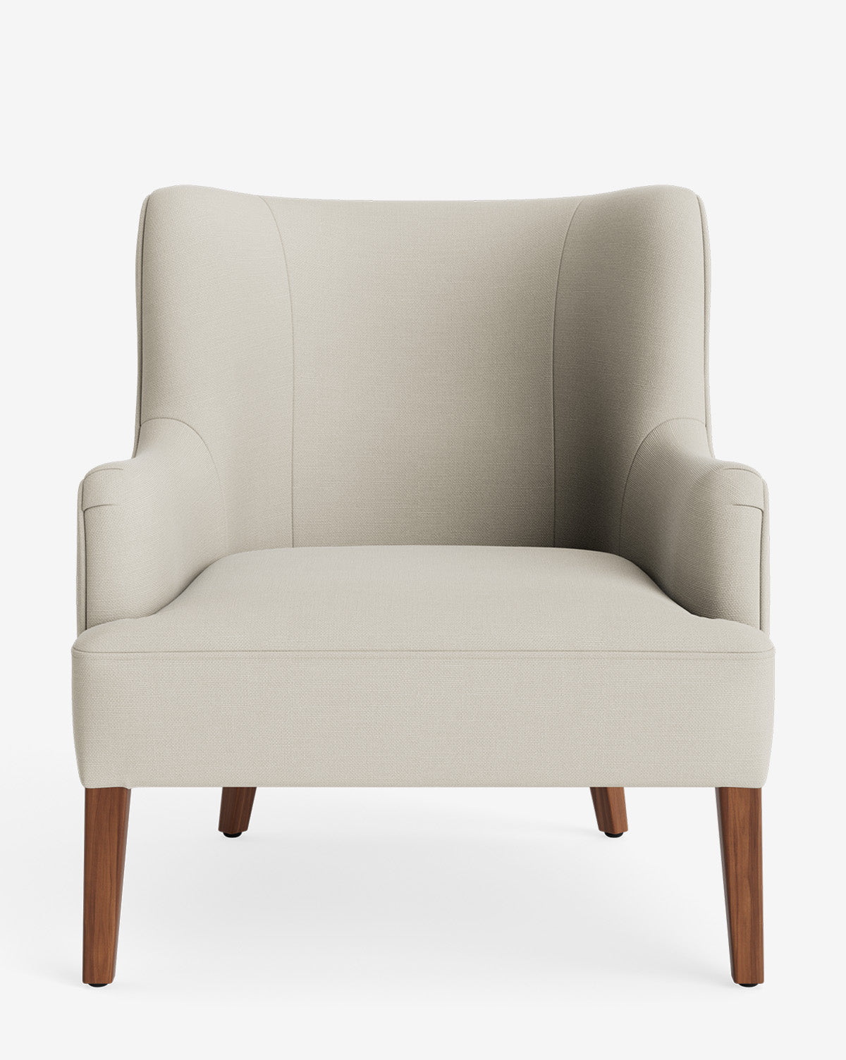 The Marion Lounge Chair, shown from the front on a white background, features curved armrests, a wide seat, four wooden legs, and light beige performance fabric, by McGee & Co.
