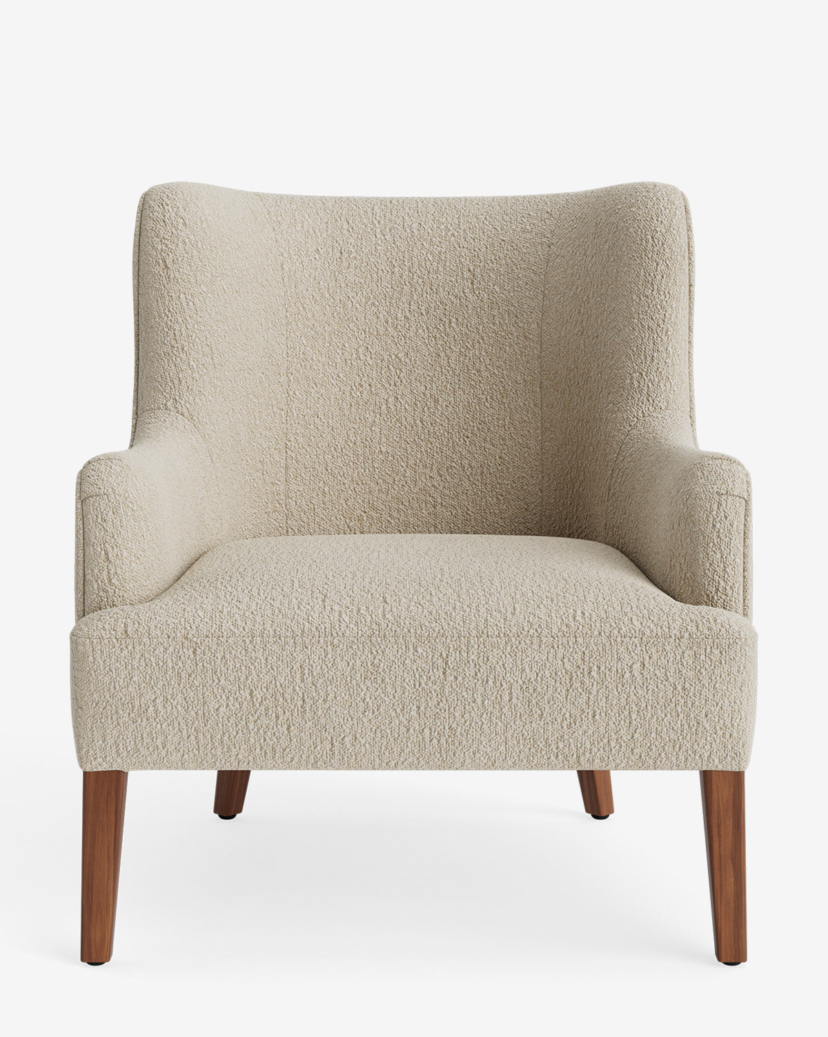 The Marion Lounge Chair is shown from the front against a white background, featuring curved armrests, four angled wooden legs, and beige custom textured performance fabric upholstery, by McGee & Co.