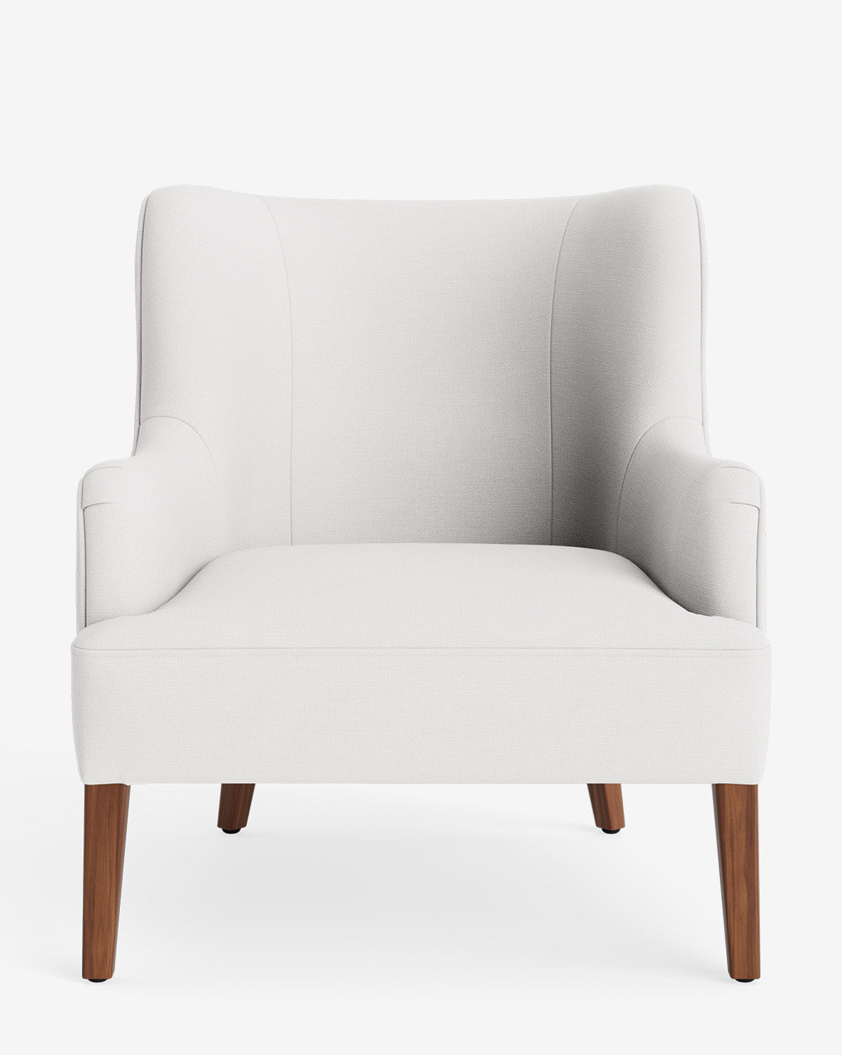 The Marion Lounge Chair is shown against a plain white background, featuring light gray performance fabric, slightly flared arms, and four angled wooden legs by McGee & Co.