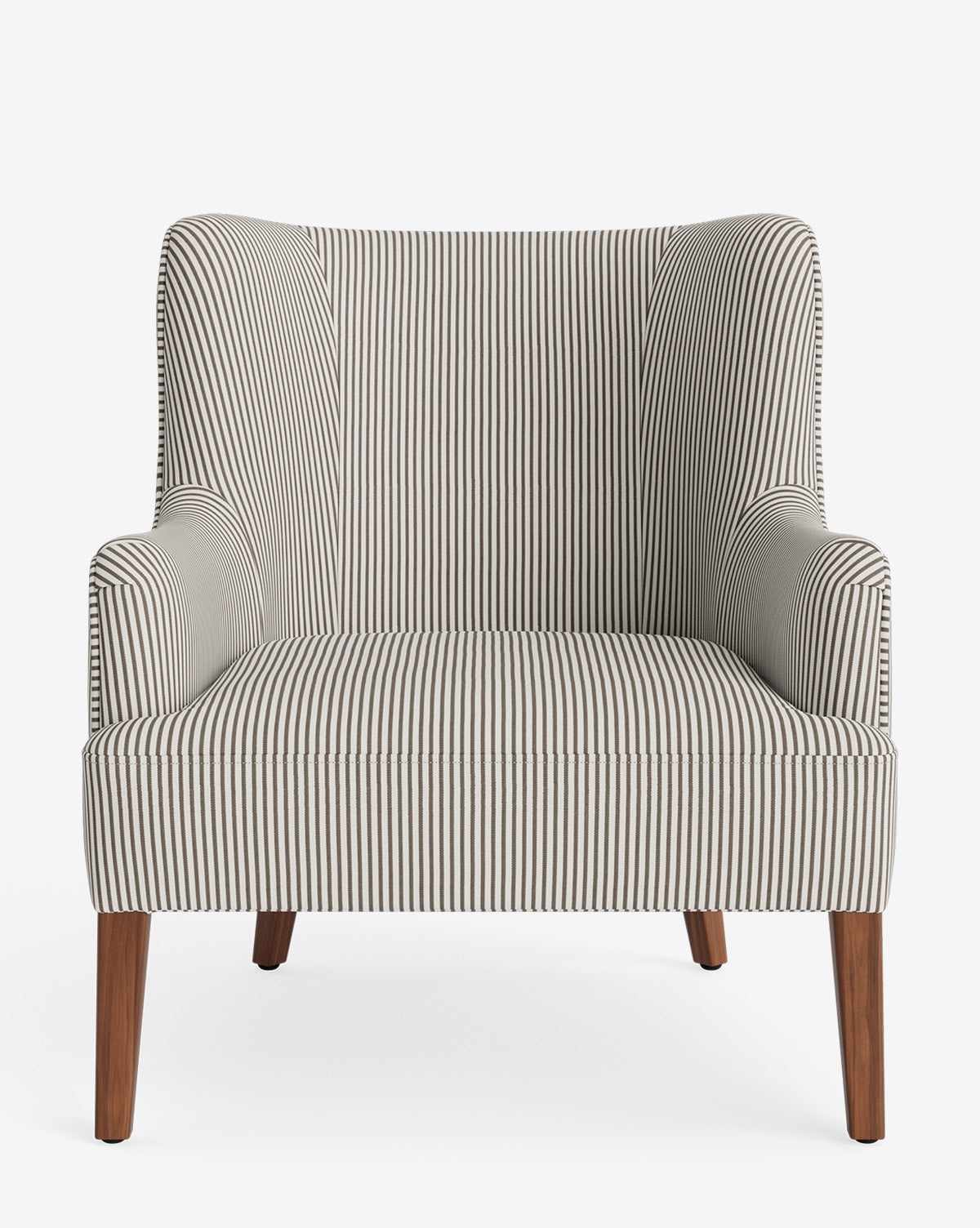 The Marion Lounge Chair features narrow black and white vertical stripes, wooden legs, wide curved armrests, and is available in custom upholstery or performance fabrics for lasting comfort, by McGee & Co.