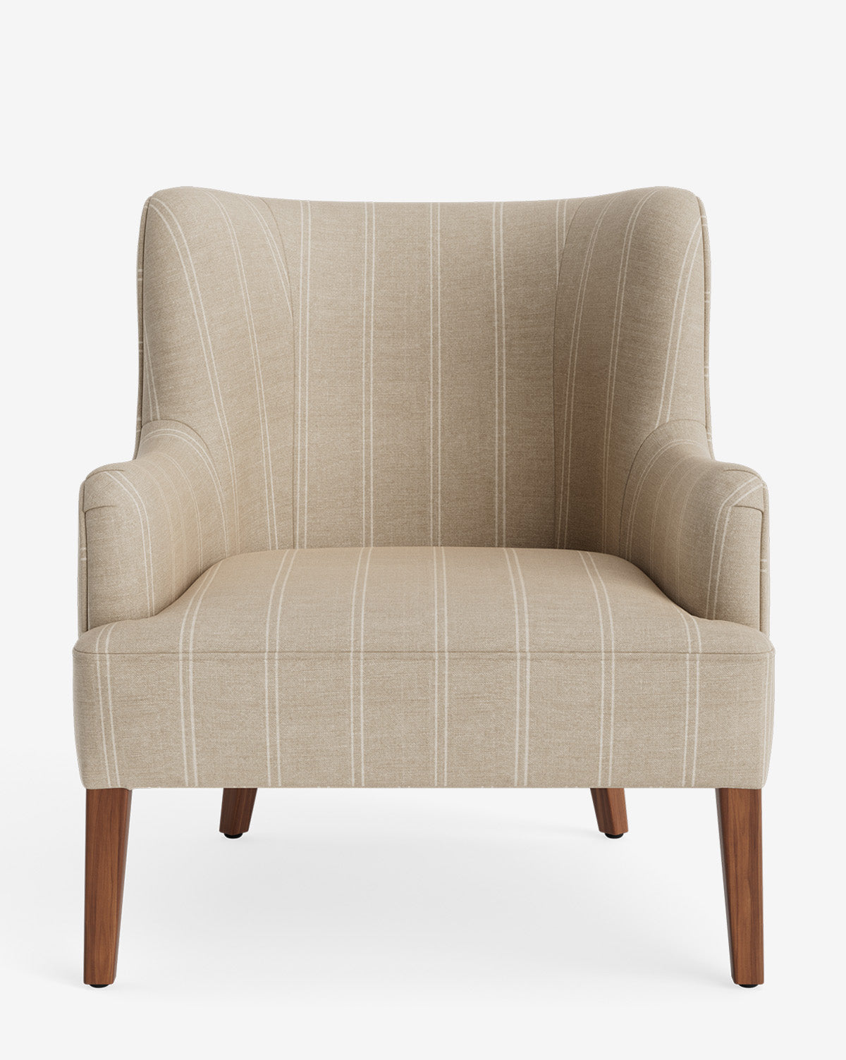 The Marion Lounge Chair showcases beige performance fabric with white vertical stripes, wooden legs, and curved armrests, viewed from the front on a plain white background by McGee & Co.