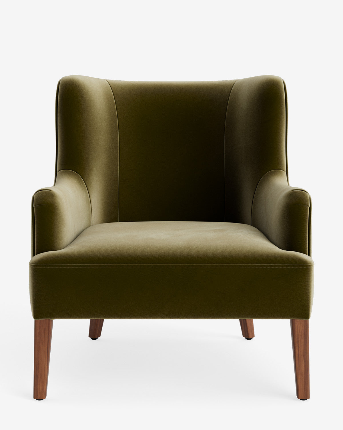 The Marion Lounge Chair showcases olive green velvet upholstery, wooden legs, a spacious seat, curved armrests, and a tall wingback, displayed from the front on a plain white background by McGee & Co.