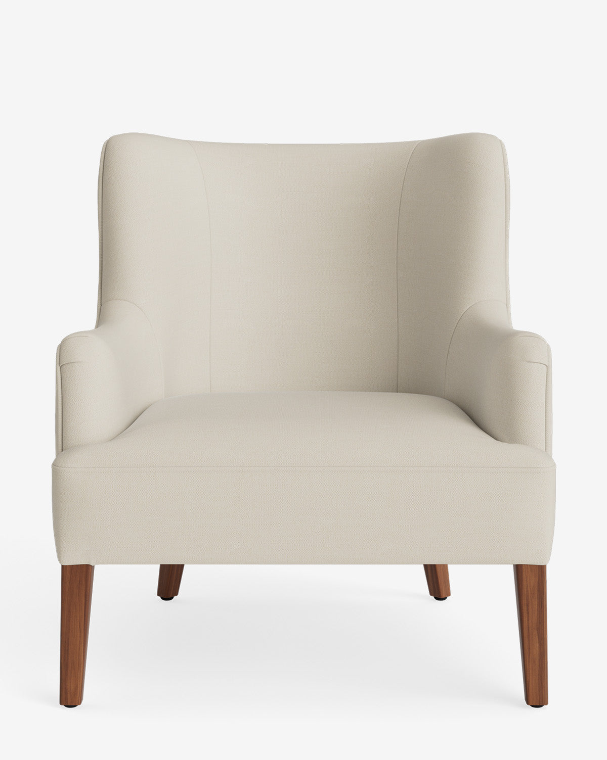 The Marion Lounge Chair showcases modern light beige upholstery, a high back, gently curved arms, and four angled wooden legs, all crafted from durable performance fabric and displayed from the front on a white background by McGee & Co.