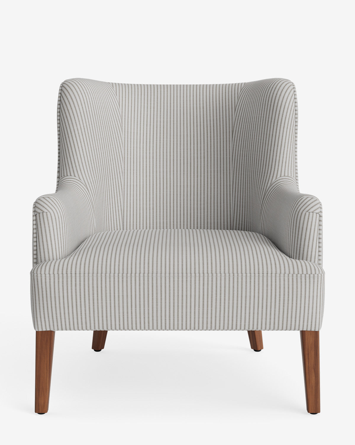 The Marion Lounge Chair features a front view with light gray and white vertical stripes, curved armrests, wooden legs, and custom performance fabric upholstery for enhanced durability, by McGee & Co.