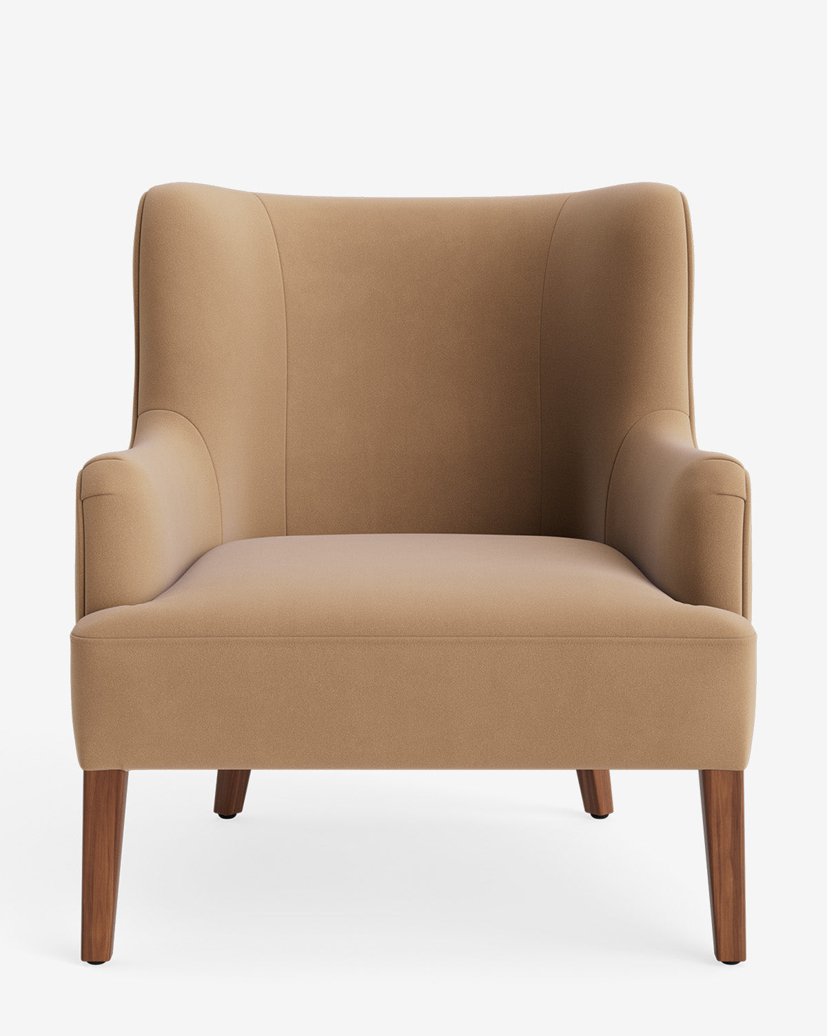 The Marion Lounge Chair, shown against a white background, features tan upholstery, curved armrests, a high back, and wooden legs—crafted with performance fabrics for durability and comfort, by McGee & Co.