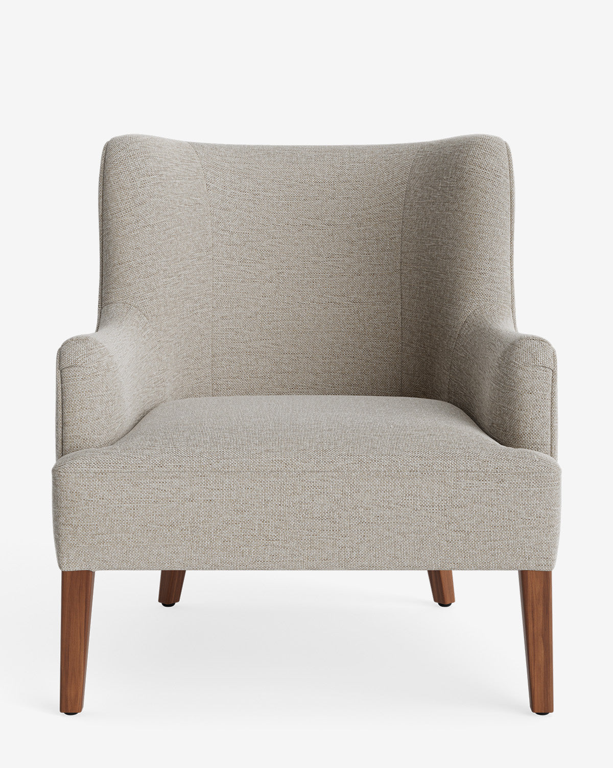 The Marion Lounge Chair is shown from the front against a plain white background, highlighting its light gray performance fabric, curved arms, high backrest, and four angled wooden legs by McGee & Co.