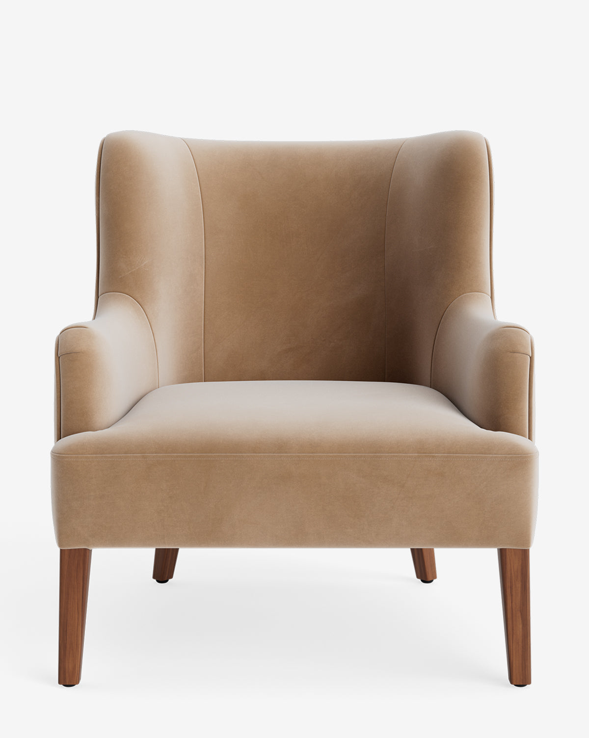 The Marion Lounge Chair showcases tan custom upholstery, a high backrest, curved armrests, and four wooden legs, shown from the front on a white background by McGee & Co.