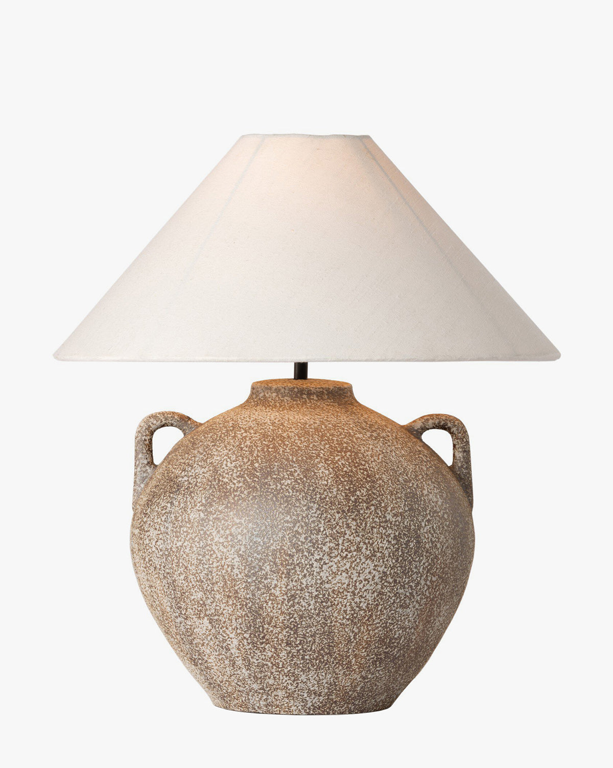The Mays Table Lamp features a rustic, round textured ceramic base with two small handles, evoking a vintage clay jar style, and is topped with a wide white conical fabric lampshade by McGee & Co.