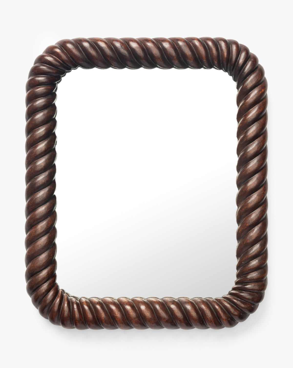 The Mayweather Shelf Mirror has a rectangular shape with a thick, dark red walnut frame inspired by rope detailing, set against a plain white background, by McGee & Co.