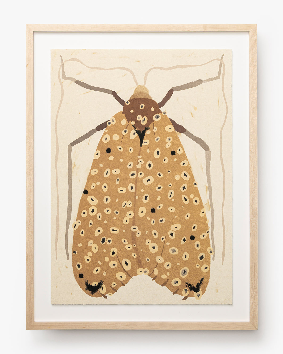 Moth IV By Coup dEsprit features a minimalist illustration of a brown moth with cream spots and muted wings, centered on a light background in a maple frame—softly rendered, stylized, and ideal as nursery wall art, by McGee & Co.