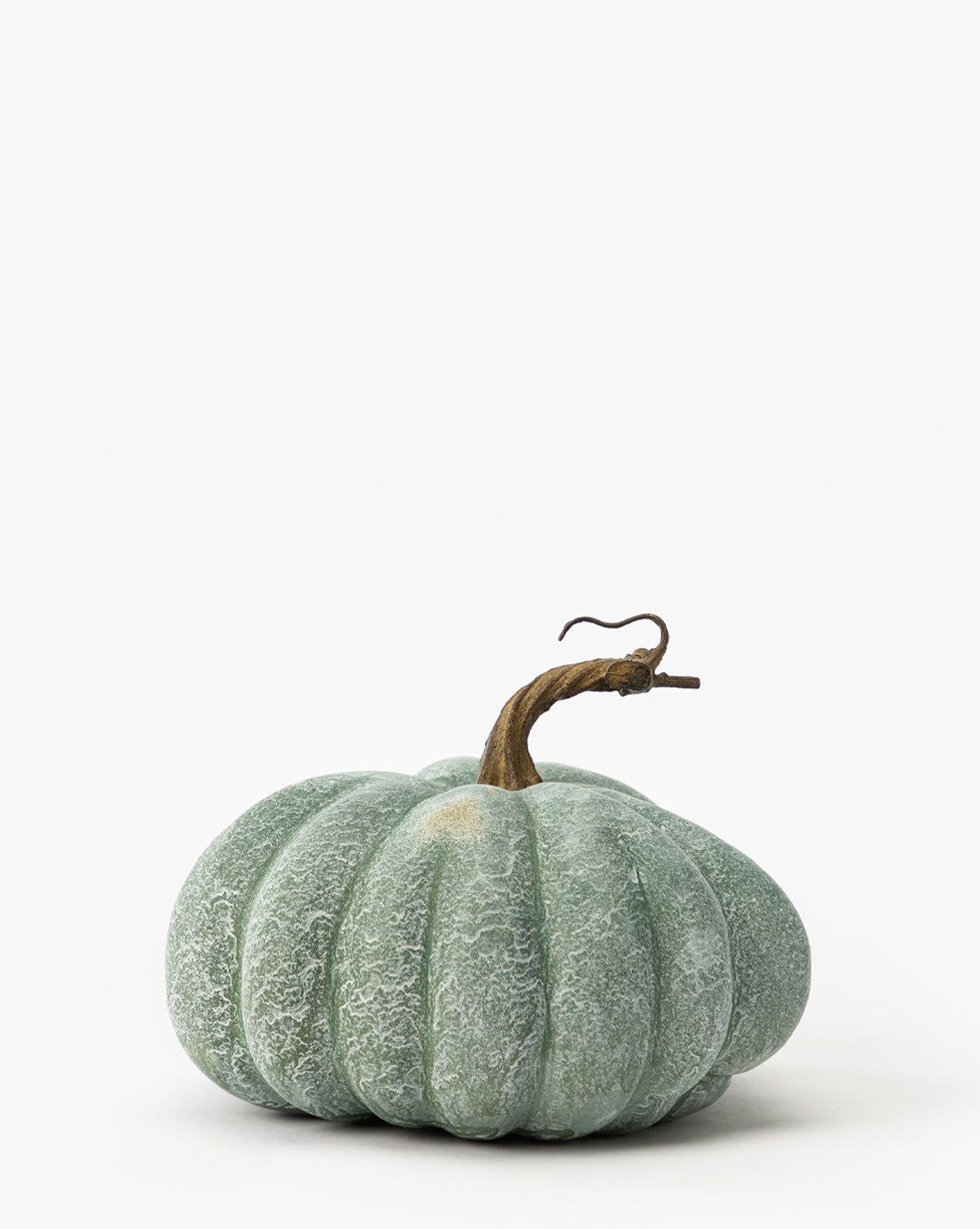 The Muted Green Faux Pumpkin features a textured surface and curved brown stem, displayed on a white background—ideal for fall décor or adding subtle charm to your autumn palette, by McGee & Co.