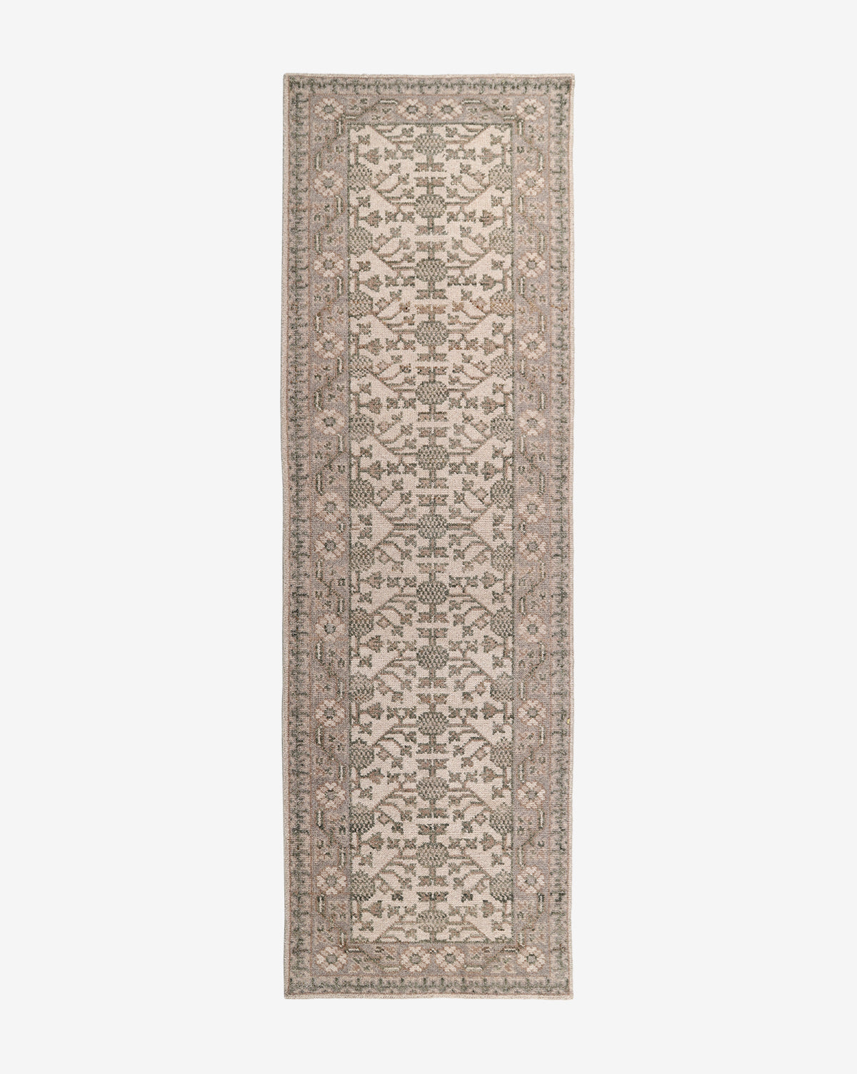 The Orsino Hand-Knotted Rug is a rectangular runner in beige and gray with an antique-style floral and geometric pattern, detailed border, and intricate symmetrical design, shown on a white background by McGee & Co.