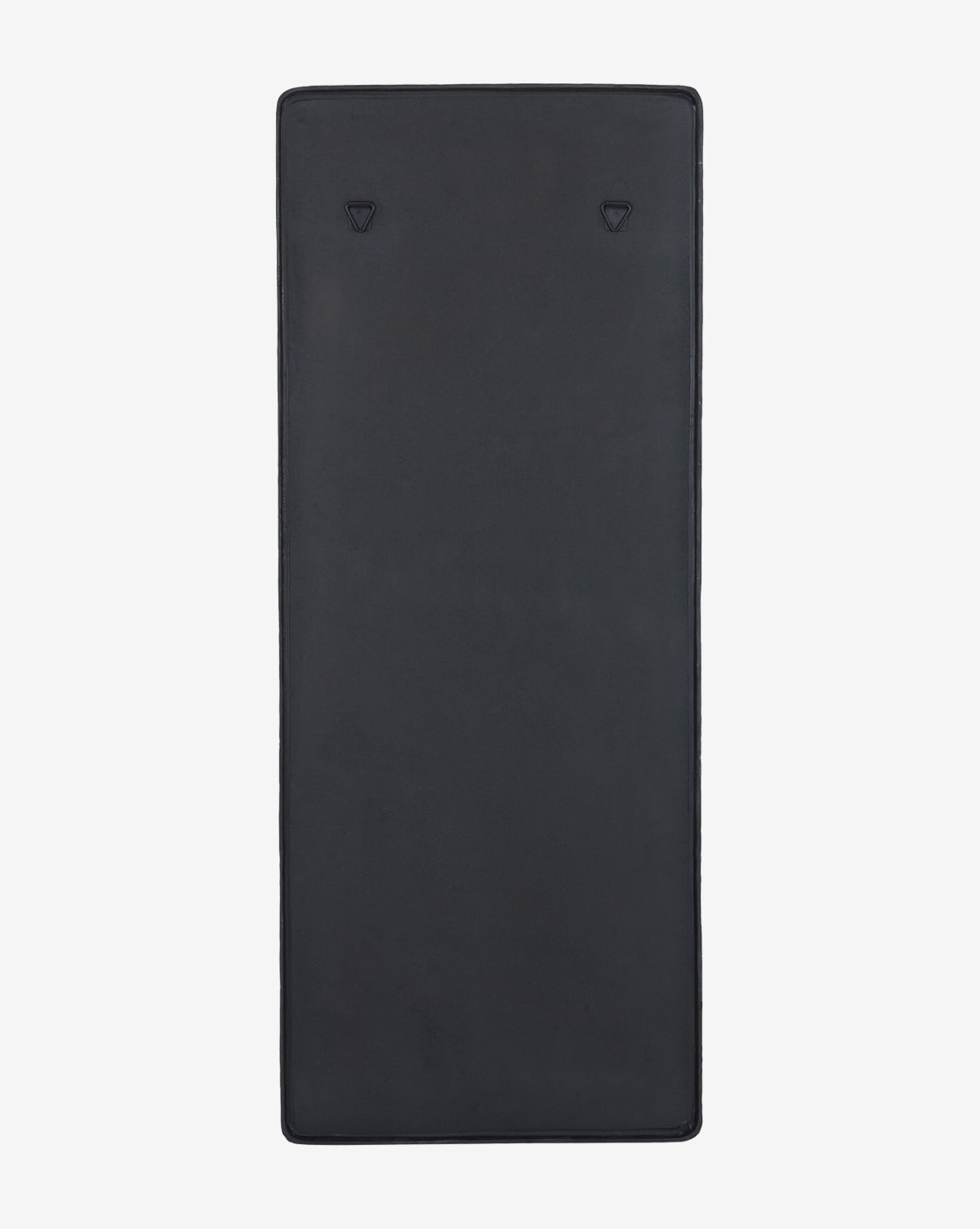 The Penrod Floor Mirror, featuring a sleek rectangular black frame with two small triangular loops at one end, is shown against a plain white background—ideal for complementing sculptural home decor in your workout area, by McGee & Co.