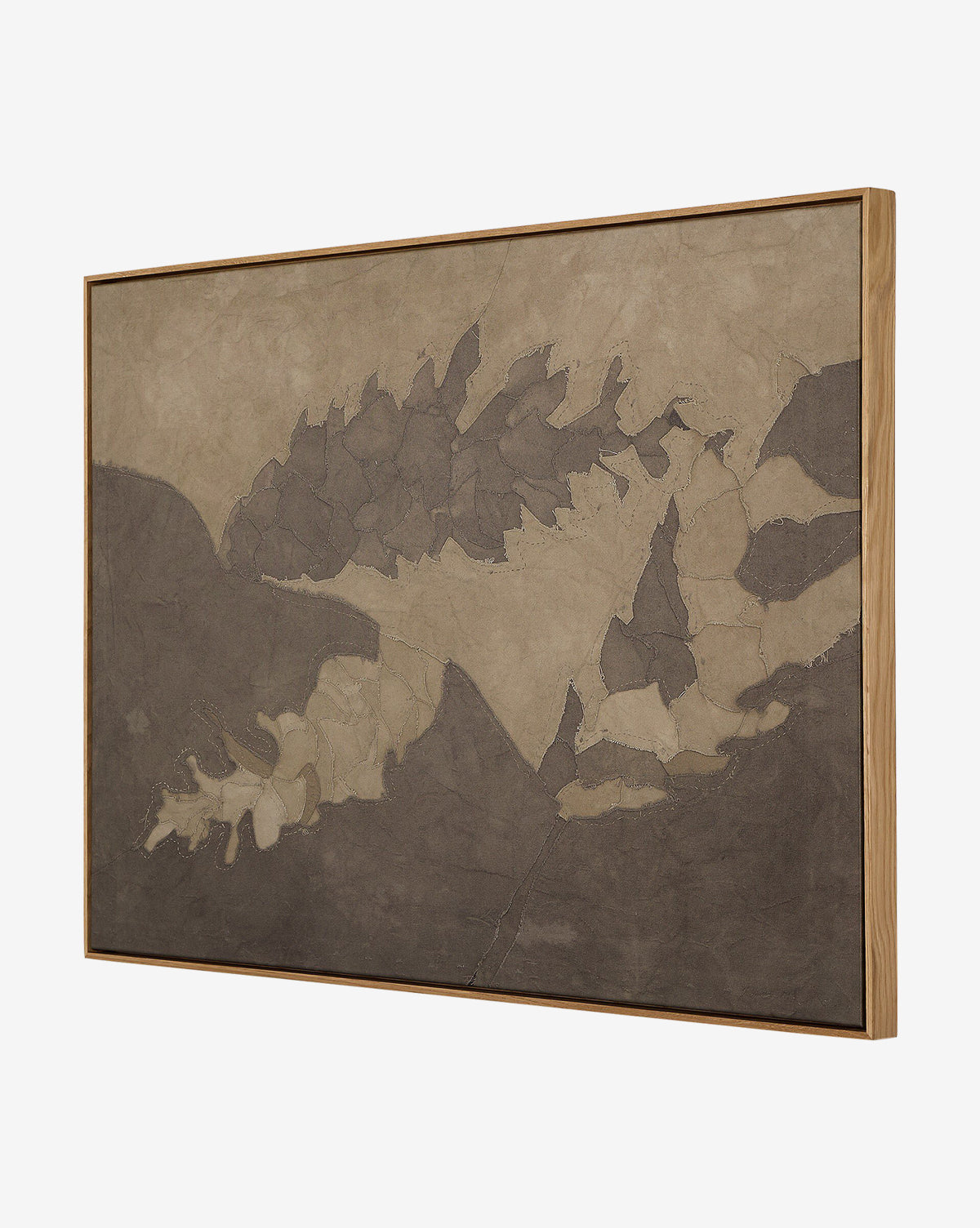 Pinecorn III by Kimmy Quillin is a framed abstract artwork with textured, earthy-toned patterns resembling overlapping organic shapes, displayed at an angle against a plain background, by McGee & Co.