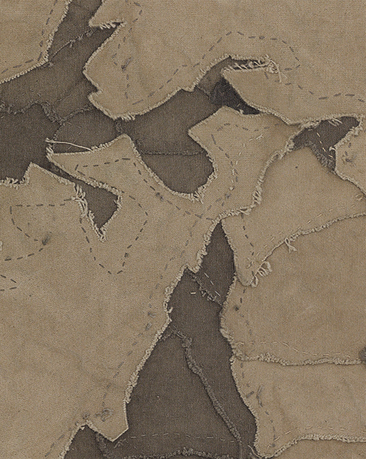 Close-up of Pinecorn III by Kimmy Quillin shows layered, frayed fabric patches in earthy tones, stitched with visible seams and raw edges, forming an abstract, textured pattern reminiscent of handmade art, by McGee & Co.