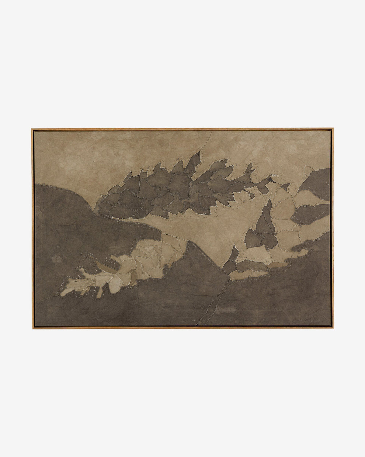 Pinecorn III by Kimmy Quillin features abstract, jagged forms in muted brown and beige earth tones, reminiscent of shadowy leaves, set on a textured background and framed with a slim dark border, by McGee & Co.
