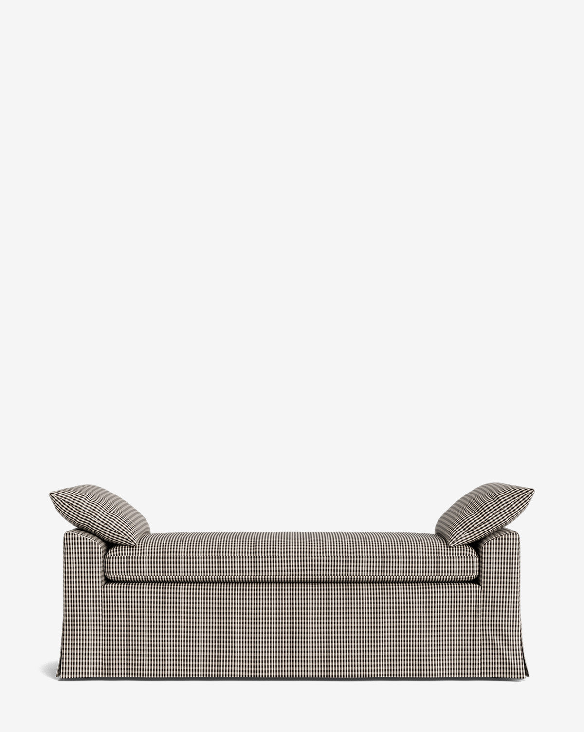 The Scaletta Bench features checkered upholstery in performance fabric and two angled side cushions, displayed on a plain white background by McGee & Co.