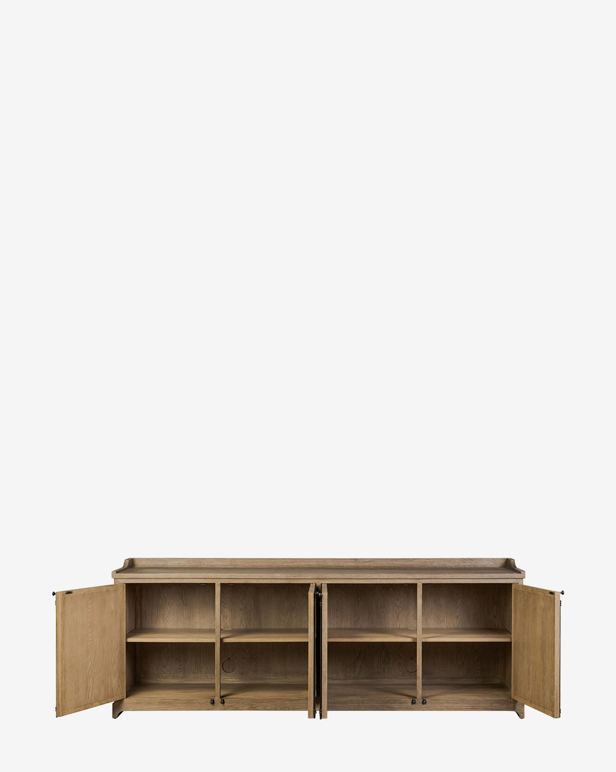 The Stonington Oak Sideboard features four open cabinet doors revealing multiple interior shelves for storage. Its weathered washed oak finish and minimal, modern design stand out against a plain white background, by McGee & Co.