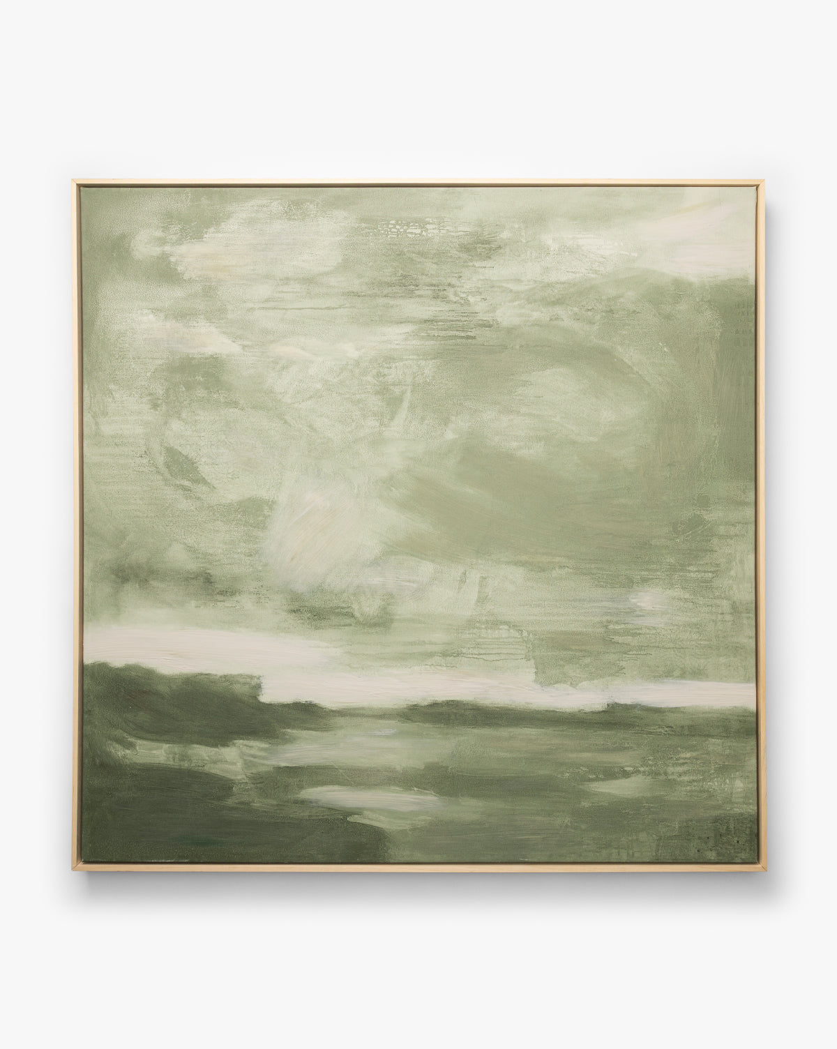 “Stormy Sky Afternoon” is a gallery-wrapped canvas wall art featuring soft green and white hues with broad, blended brushstrokes that evoke a cloudy sky above a tranquil landscape, by McGee & Co.