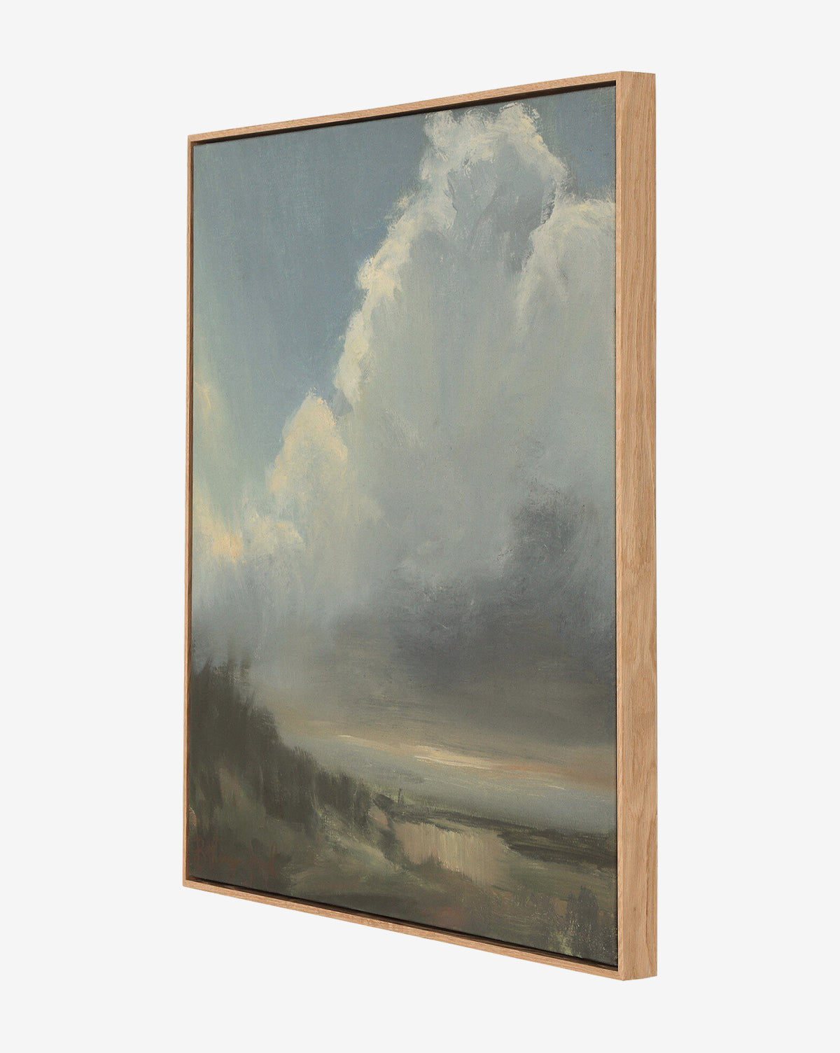 The Long Way Home by Bethany Joseph is a handmade, framed painting from Austin, featuring large billowing clouds over a hazy landscape in soft tones for a calm, atmospheric mood, by McGee & Co.