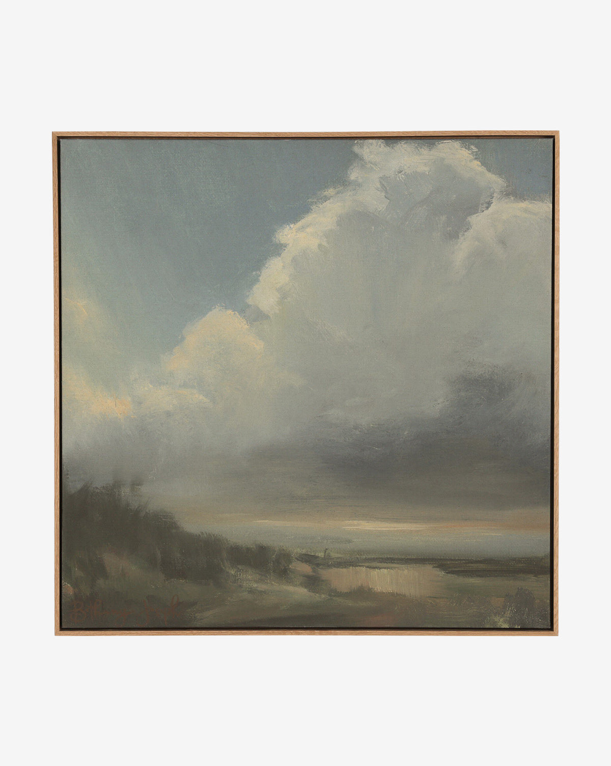 The Long Way Home by Bethany Joseph is a framed realist oil painting of a landscape, featuring dramatic clouds over a flat horizon in subtle blue, gray, and beige tones—handmade in Austin for a serene atmosphere, by McGee & Co.