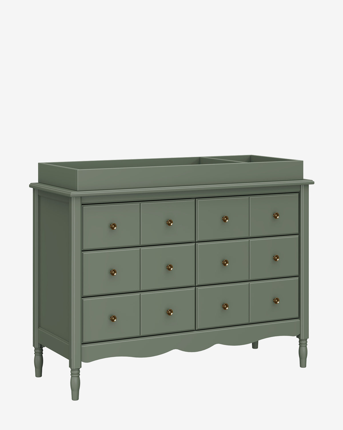 The Universal Wide Removable Changing Tray is a sage green wooden dresser with twelve drawers, gold knobs, a raised top edge for use as a changing table, decorative curved bottom detailing, and four turned legs, by McGee & Co.