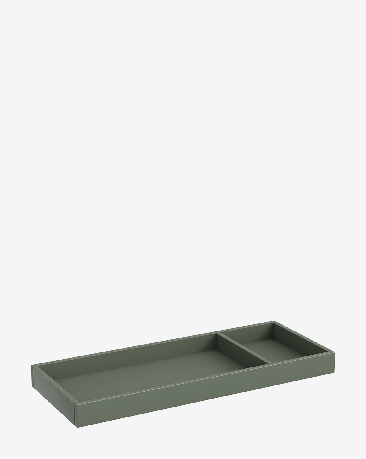 The Universal Wide Removable Changing Tray, in rectangular olive-green, features two compartments of different sizes—ideal for organizing baby essentials. Shown here on a white background, by McGee & Co.